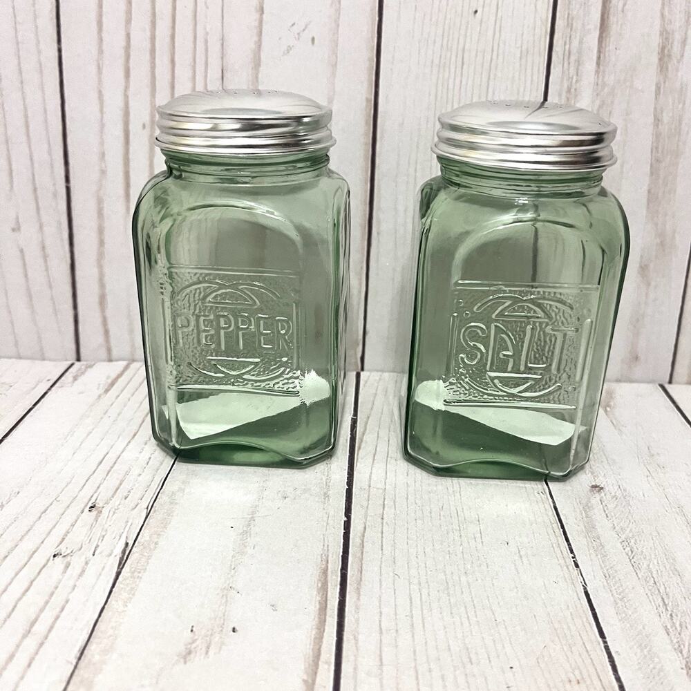 VTG MCM Green Glass Salt Pepper Shaker Embossed Design Art Deco Style Square